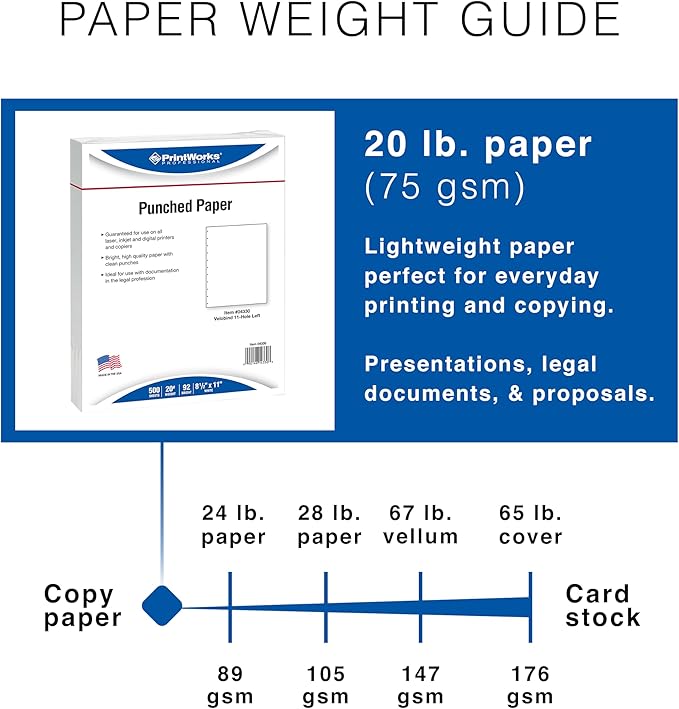 PrintWorks Professional Pre-Punched 11 Hole Velo Bind Paper for 11 Pin & 4 Pin Binding Spines - Book Binding Printer Paper - Made in the USA - 500 Sheets - 8.5" x 11" - 20 lb - 92 Bright White (04330)
