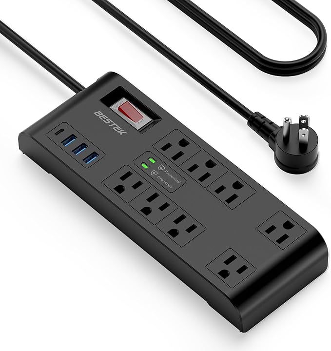 BESTEK 4,000 Joules Surge Protector with USB,6 Feet Extension Cord Power Strip with 8 AC Outlets 15A 1875W,5V 4.2A 4 USB Charging Ports Desktop Charging Station,Wide Spaced Outlet for Large Plug,Black