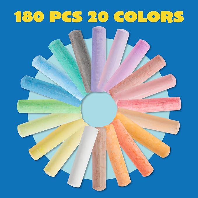 JOYIN 180 PCS Washable Sidewalk Chalks Set in 20 Colors Non-Toxic Jumbo Chalk for Outdoor Art Play, Painting on Chalkboard, Blackboard and Playground