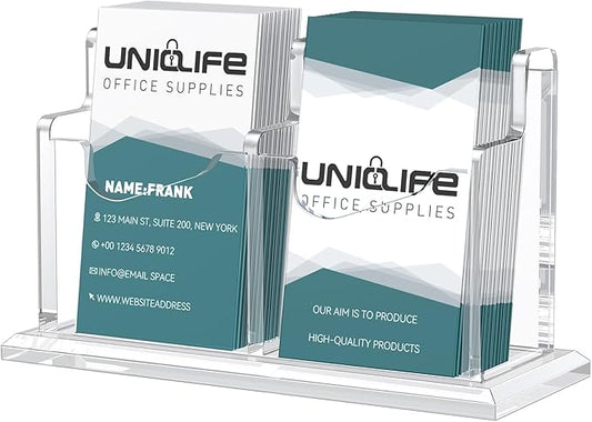 Uniclife Acrylic Business Card Holder for Desk 2 Slot Clear Vertical Business Card Display Stand for Men and Women Desktop Name Card Organizer Card Stand for Office Home Exhibition, 120 Card Capacity