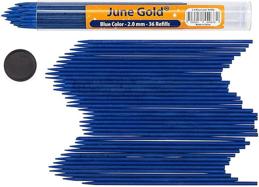 June Gold 36 Blue (Azure #130) Colored 2.0 mm Lead Refills, Bold Thickness for Heavy Use, Break Resistant with a Convenient Dispenser