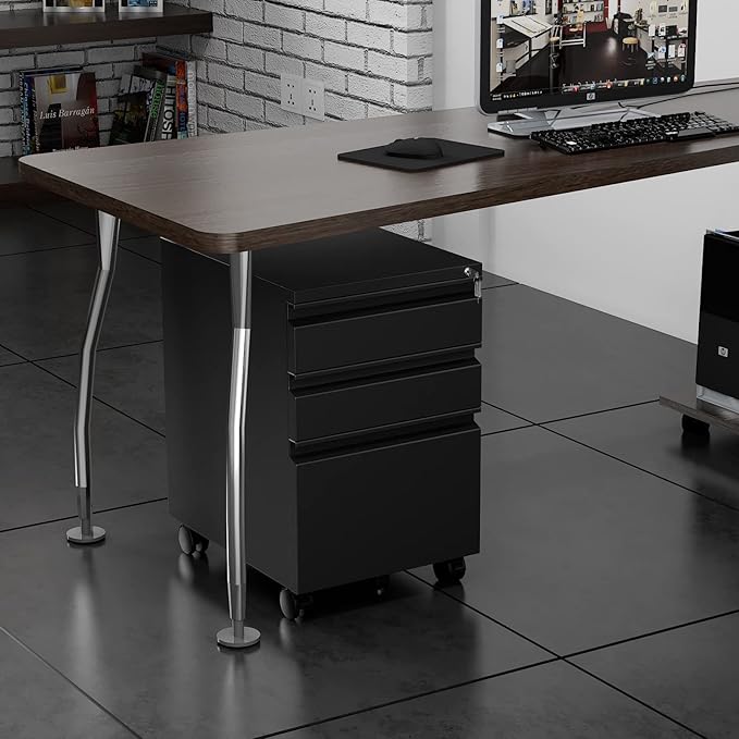 3 Drawer File Cabinet with Wheels, Metal Filing Cabinet with Lock, Office Rolling File Cabinets for A4/Legal/Letter Size, Assembly Required, Black