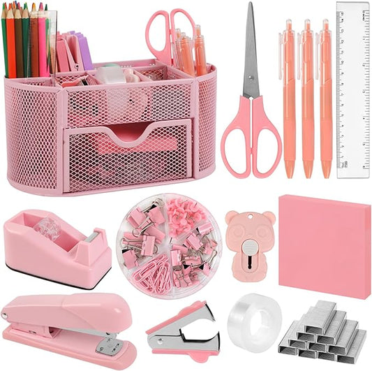 Office Supplies for Desk,14pcs Pink Desk Sets and Accessories, Office Supply Kit with Mesh Desktop Organizer and Stapler,Staple Remover, Staples,Tape Dispenser,Sticky Tabs,Scissors, Ruler