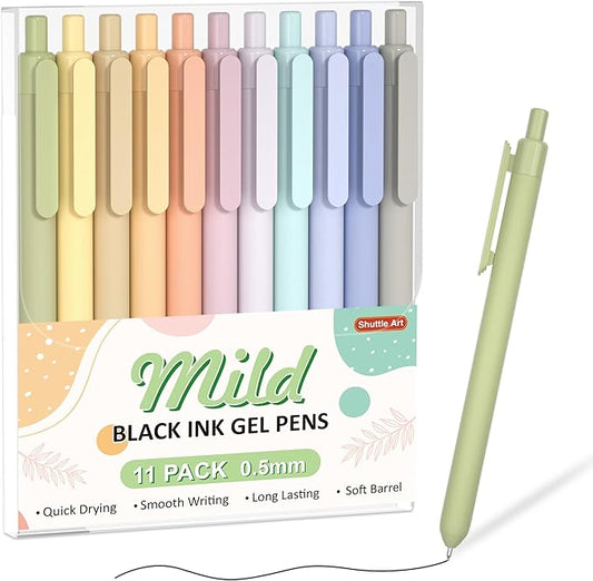 Shuttle Art Retractable Mild Gel Ink Pens - 11 Pack Black Fine Point Pens for Journaling, Taking Notes, School & Office