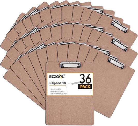 Clipboards Bulk, EZZGOL 36 Pack Letter Size Wood Clipboards, Low Profile Clip, Recycled Hardboard Clipboard with Hang for School Classroom Home