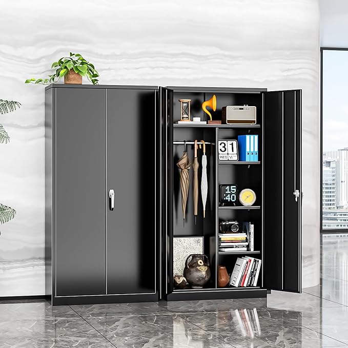INTERGREAT Metal Storage Cabinet with Lock,Storage Wardrobe Cabinets with 4 Adjustable Shelves and Hanging Rod,Black Wardrobe Cabinet with Lockable Doors for Home Office,Warehouse,Garage