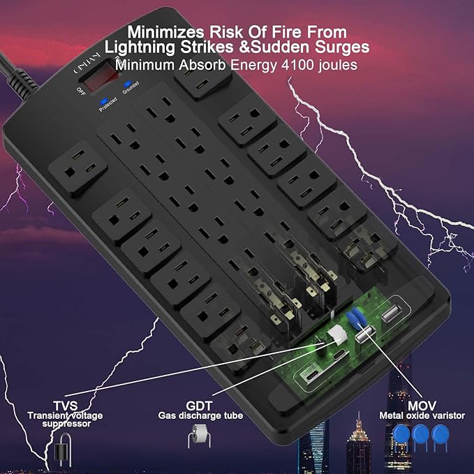 QINLIANF Surge Protector Power Strip - 20Ft Flat Plug Heavy Duty Extension Cord with 24 Outlets and 4 USB Ports(1 USB-C Ports), 1875W/15A, 4100J, for Home, Office, Dorm, ETL Listed, Black