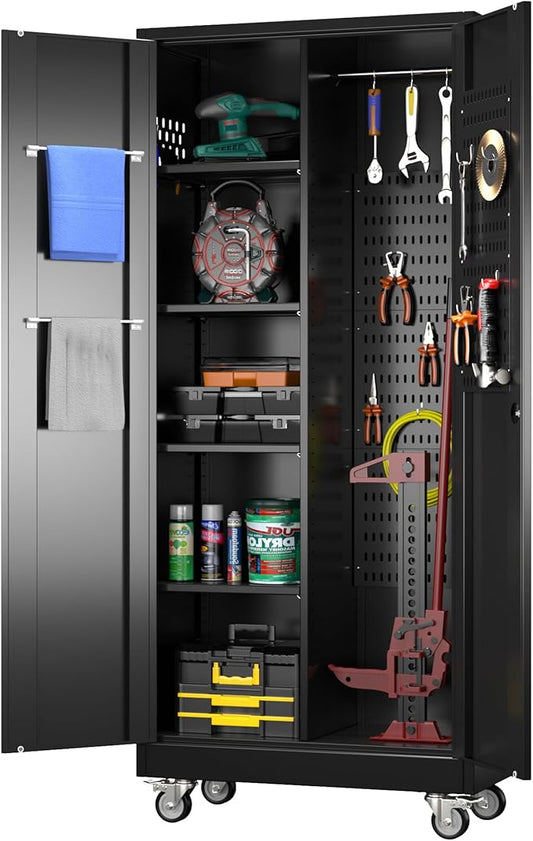 Garage Storage Cabinet with Wheels, Metal Tool Cabinet with Pegboards and 4 Adjustable Shelves, Garage Storage System with Lockable Door for Shools, Offices, Gyms and Pantries, Black