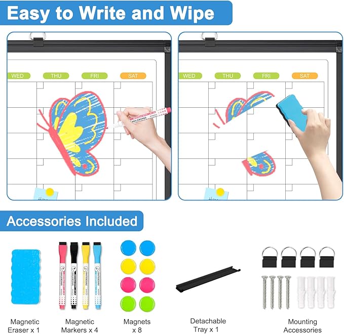 Dry Erase Calendar for Wall 4 Month, WALGLASS 48" x 36" Large Double-Sided White Board Calendar, Dry Erase Monthly Planner, Black Aluminum Frame Hanging Wall Mounted Whiteboard for Office Home School