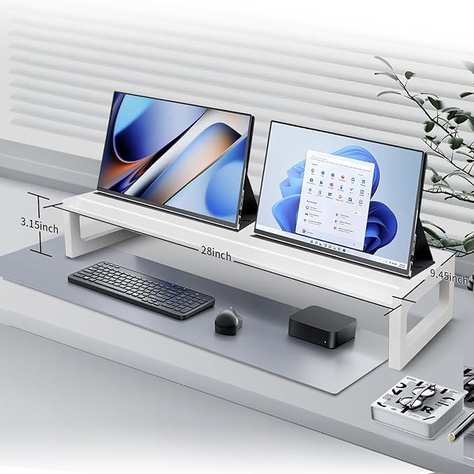 Dual Monitor Stand Riser – 28-Inch Computer Monitor Stand with Multifunctional Slot for 2 Monitors, Multi-Purpose Desktop Storage for Laptop, Printer, TV