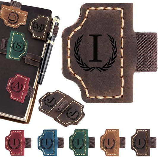 Artlaza Personalized Magnetic Leather Bookmark with Pen Holder - 26 Letters Custom Book Mark with Name Initial Engraved Book Marker for Readers, Book Lovers, Travelers - Gift for Women & Men(Brown，I