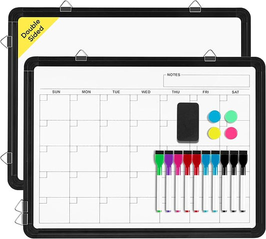 VUSIGN Monthly Dry Erase Calendar Whiteboard for Wall, 16" X 12" Double-Sided Board, Hanging Whiteboard Dry Erase for Office, Desk, Kitchen, Dorm, Black