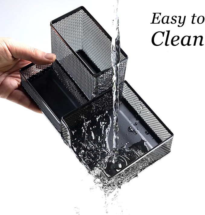 4 Pieces Mesh Pen Holder Desk Organizers and Accessories for Deskop Organizer,3 Compartments Black Pencil Holder for Office Supplies,Gifts for Colleague