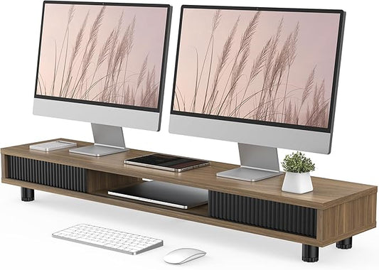 Fenge Dual Monitor Stand, 42.5inch Long Monitor Stands Riser for 2 Monitors, Sliding Door with Storage Organizer Stand for Desk, 2 Tier Desk Shelf for Laptop, Pc, Printer, Computer, TV