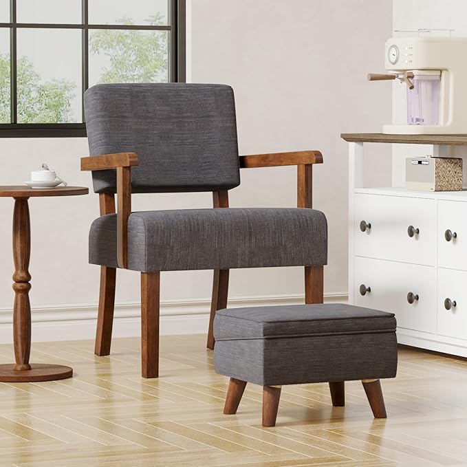 Small Footstool Ottoman with Storage, Ottoman Foot Rest, Modern Foot Stool with Adjustable Lid and Sturdy Wood Legs for Living Room, Bedroom, Couch, Enterway, Light Gray