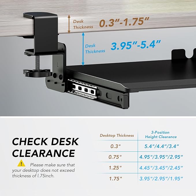 Keyboard Tray Under Desk Pull Out with Extra Sturdy C Clamp Mount System, 27.3 (32.5 inch Including Clamps) x 11 Inch Slide-Out Platform Computer Drawer for Typing Black AX01WB01
