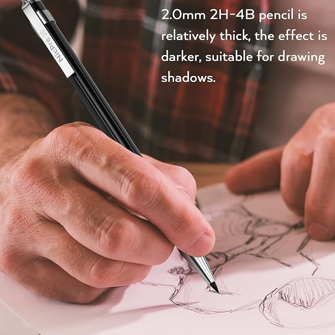 Nicpro 6 PCS Art Mechanical Pencil Set, Black Metal Drafting Pencil 0.3, 0.5, 0.7, 0.9 mm & 2PCS 2mm Graphite Lead Holder(4B 2B HB 2H) For Writing Sketching Drawing With 8 Lead Refills Eraser Case