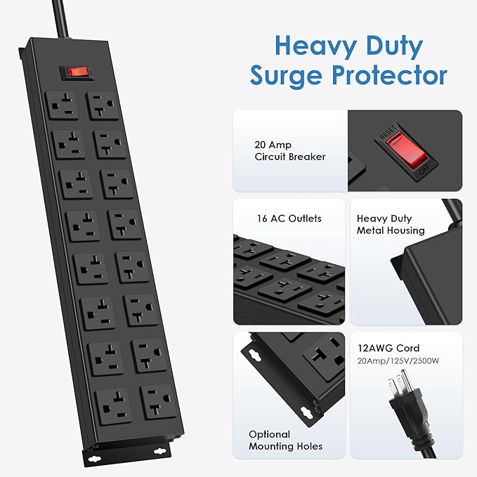 JUNNUJ Heavy Duty 20 Amp Power Strip, Garage 16 Outlets Metal 12 Gauge Surge Protector 3000J, High Amp 5-15P Adapter Shop 6-20R T-Slot Industrial Outlets (16AC, 4FT)