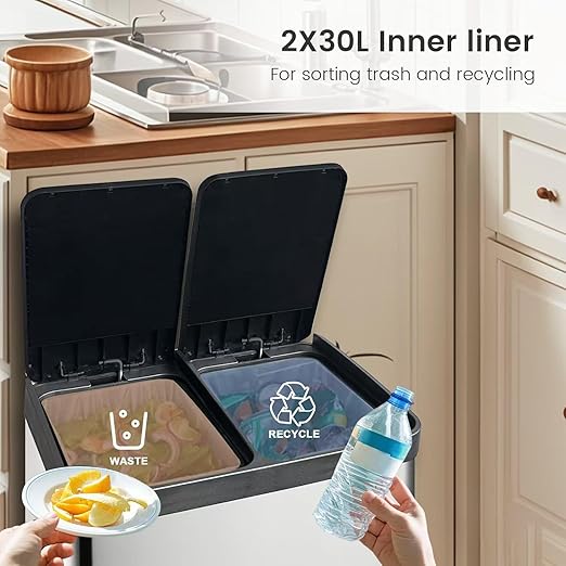 60 Liter (2x30L) 16 Gallon Dual Trash Can, Recycle Bins for Kitchen with 2 Compartments, Trash and Recycle Bin Combo, Soft Close Lid, Stainless Steel Trash Can