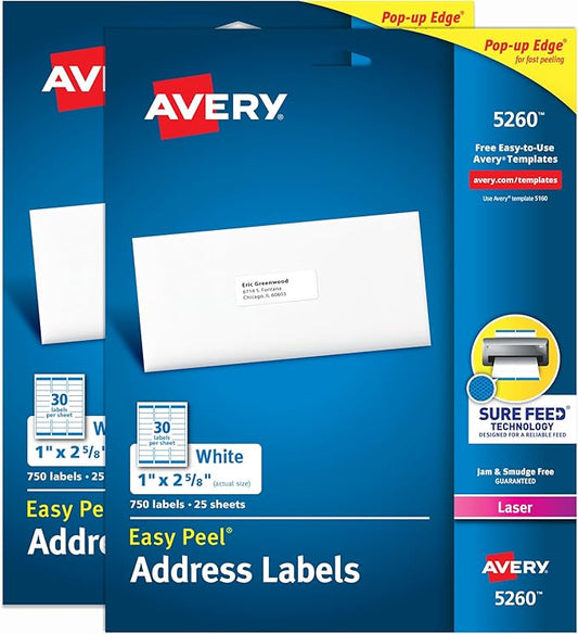 Avery Easy Peel Printable Address Labels with Sure Feed, 1" x 2-5/8" Customizable Stickers, White, 1,500 Blank Mailing Labels, Great for Mailing, Shipping, and More (2-Pack of 5260)