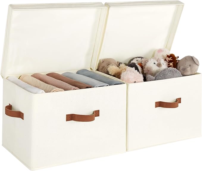 StorageWorks Fabric Storage Bins with Lid, Decorative Storage Boxes for Shelves, Stackable Closet Organizer Basket with Handles, Jumbo, Ivory White, 2-Pack