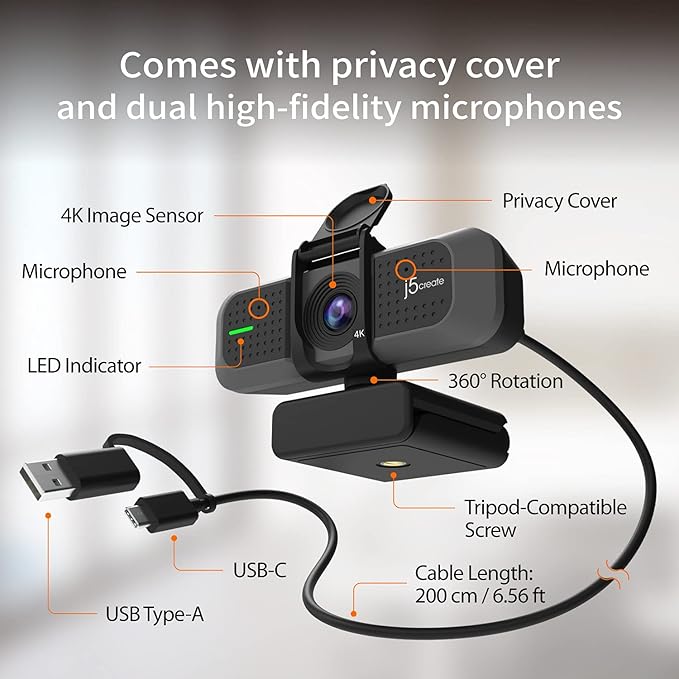 j5create 4K Wide Angle Webcam with Microphone/Privacy Cover for Video Conferencing, Streaming, Recording and Online Teaching, Supports Zoom, Skype, Teams, OBS and More (JVU430)
