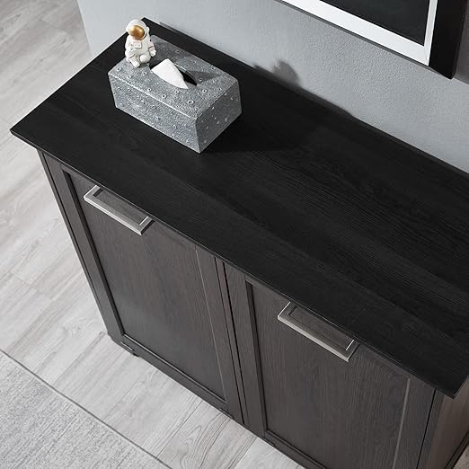 OLD CAPTAIN Double Tilt Out Trash Cabinet, Wooden Kitchen Garbage Can Free Standing Holder (Dark Brown+Black Top Panel)…