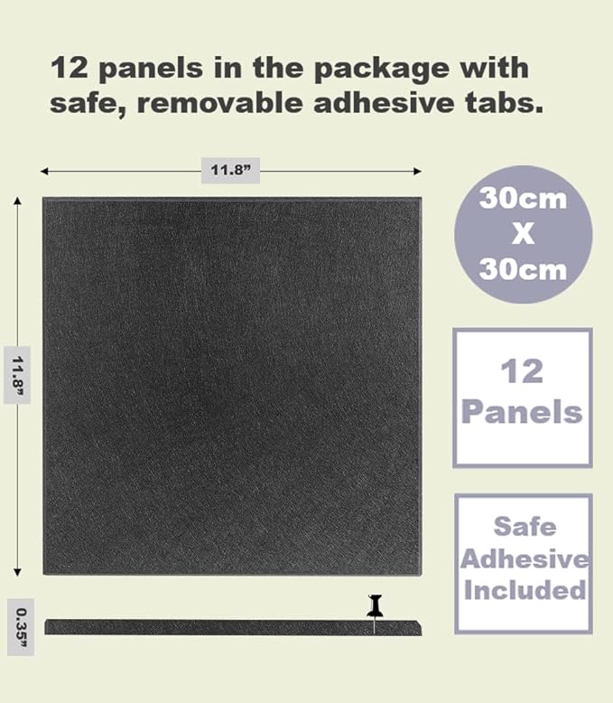 Large Cork Board Alternative - 12-Pack Felt Wall Tiles with Safe Removable Adhesive Tabs, Cork Wall Tiles Bulletin Board Home Office Essentials - Black