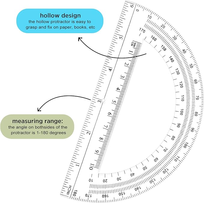 Zonon 6 Pieces Plastic Protractors Bulk Classroom Clear Math Protractors 180 Degrees 6 Inch for Geometry Student, Angle Measurement, Students Back to School Supplies Office Supplies