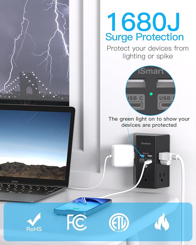 Surge Protector, 5 Outlets Extender with 4 USB Ports(USB C PD30W), 3-Side 1680J Power Strip Multi Plug Outlet Expander, USB Wall Charger, Outlet Splitter Adapter Wall Mount for Home Office(Black)