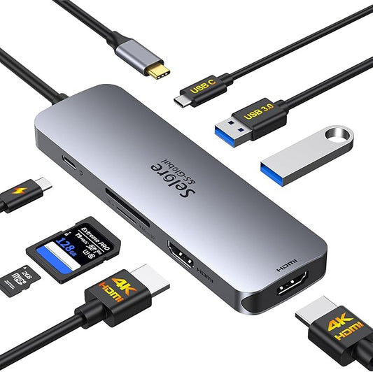 USB C Docking Station Dual HDMI Monitor, USB C to Dual HDMI Adapter with 2HDMI Ports, PD Charging, SD/TF, USB A&C 3.0 Ports, Laptop Docking Station for Dell XPS/HP/Lenovo/Surface/Yoga etc