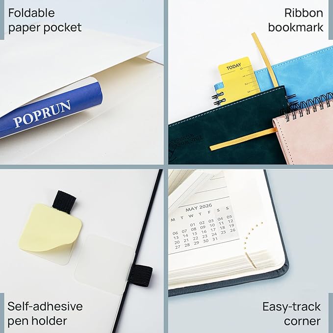 POPRUN Weekly Planner 2026 Pocket Size Calendar (4" x 6.25") 12 Months Notebook with Horizontal Layout, Leather Soft Cover, Inner Pocket, 100GSM Thick Paper, Pen Holder - Claret