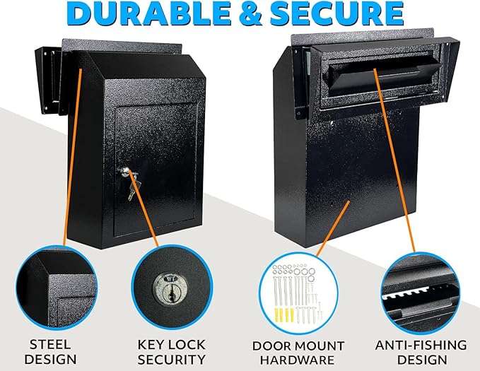 Pochar Rainproof Heavy Duty Mailbox Door Drop Box - Galvanized Steel Weatherproof Mailbox for Keys, Deposit, Payment, Mails - Through The Door Mail Drop Box (Black)