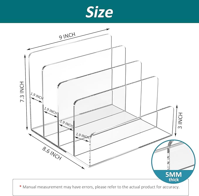 Acrylic File Holder 4 Compartment, Clear Desk File Organizer, Acrylic Organizer for Books, Phone, Ipad, Envelope, Notebook, Calculator