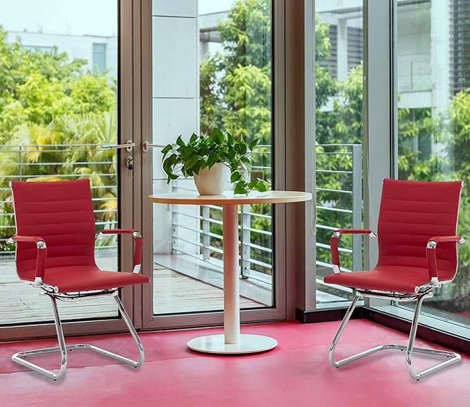No Wheels Reception Chairs Waiting Room Chair Leather Conference Chairs Back Support Heavy Duty Office Chair with Arm, Set of 2 (Deep Red)