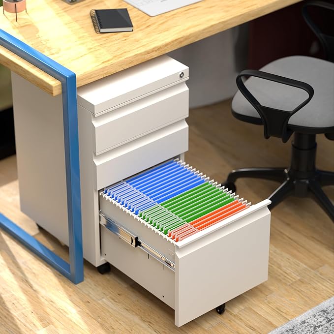 3 Drawer Mobile File Cabinet with Lock, Under Desk Metal Filing Cabinet for Hanging Files Letter/Legal/A4 Size for Home Office, Fully Assembled Except Wheels, White