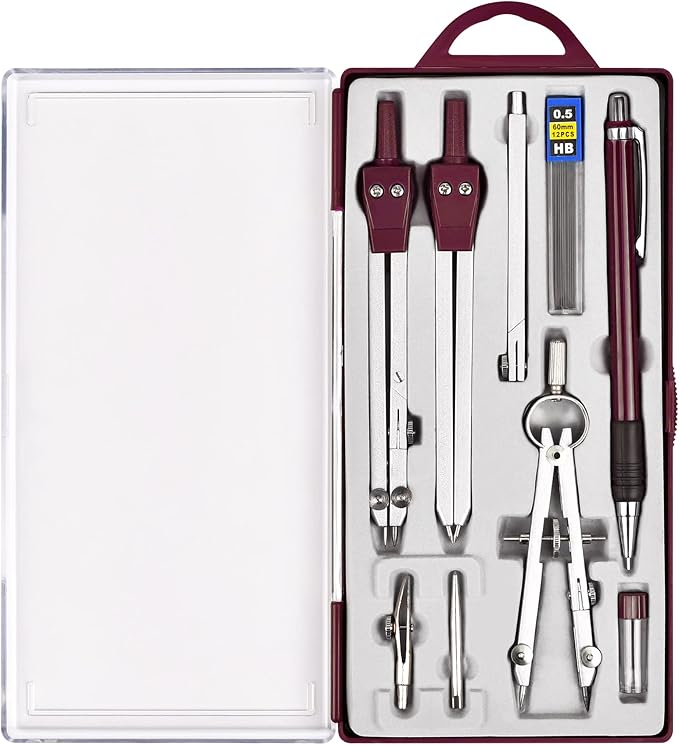 9Pcs Precision Geometry Set Metal Compass, Geometry Tool Tool Set with Shatterproof Storage Box, Circle Drafting Tool and Architecture, Drafting Kits for Engineers Students (Brown)