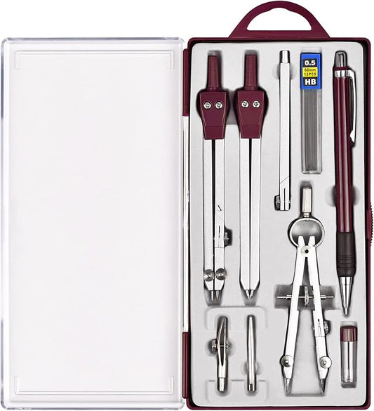 9Pcs Precision Geometry Set Metal Compass, Geometry Tool Tool Set with Shatterproof Storage Box, Circle Drafting Tool and Architecture, Drafting Kits for Engineers Students (Brown)
