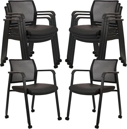 CLATINA Stacking Office Chair with Wheels, Mesh Back Waiting Room Guest Chairs with Arms Comfortable Leather Cushion Stackable Desk Chair for Conference Reception School Side Stationary, Black, 8 PK