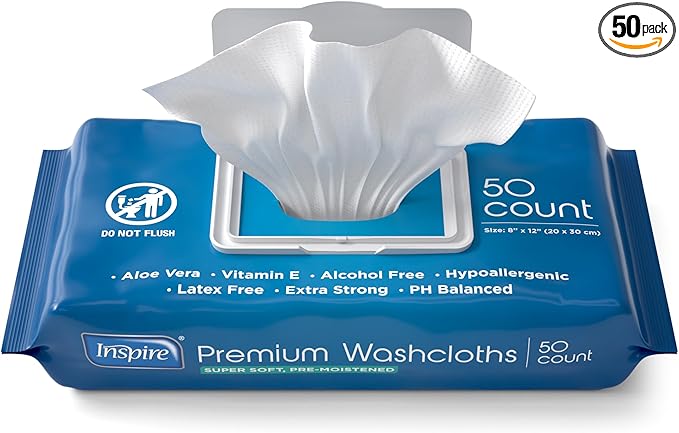Inspire Adult Wet Wipes, Wash Cloths | Adult Wipes for Incontinence & Cleansing for Elderly, 8"x12" (50 Count (Pack of 1))