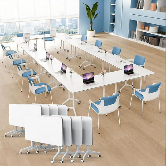 8pack Folding Conference Room Table, Modern Conference Tables with Silent Wheels, Large Rectangular Mobile Training Tables for Office Classroom, Foldable Modular Seminar Table White (L70.9in)