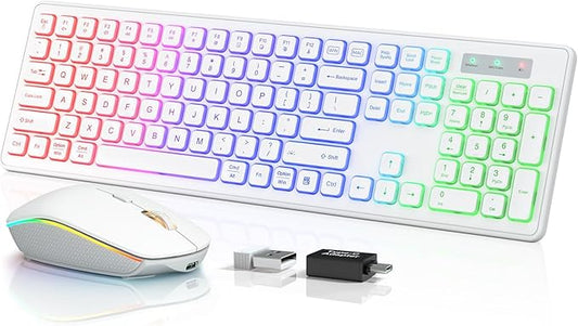 Wireless Keyboard and Mouse - RGB Backlit, Rechargeable & Light Up Letters, Full-Size, Ergonomic Tilt Angle, Sleep Mode, 2.4GHz Quiet Keyboard Mouse for Mac, Windows, Laptop, PC, Trueque(White)