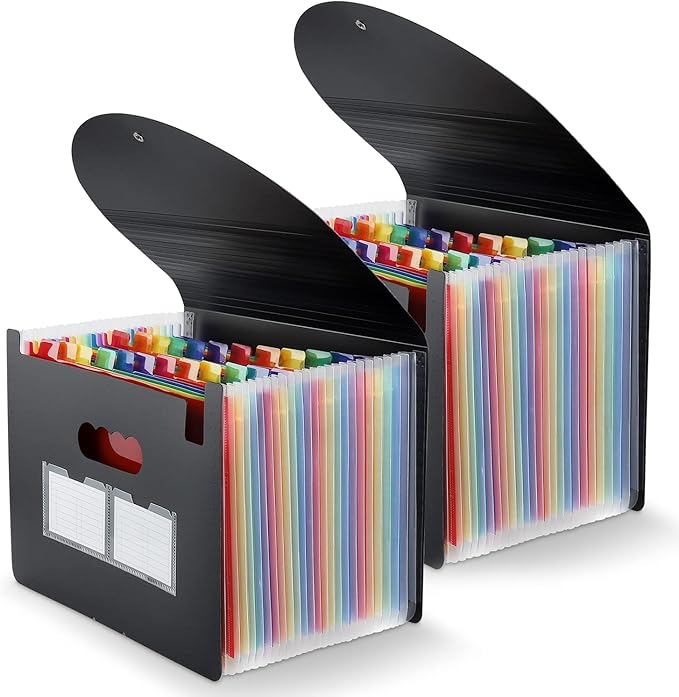 2 Pack Expanding File Folder, 24 Pocket Accordian File Organizer A4 Letter Size Portable Document Organizer with Colored Tabs, Expandable Desktop Accordion Folder