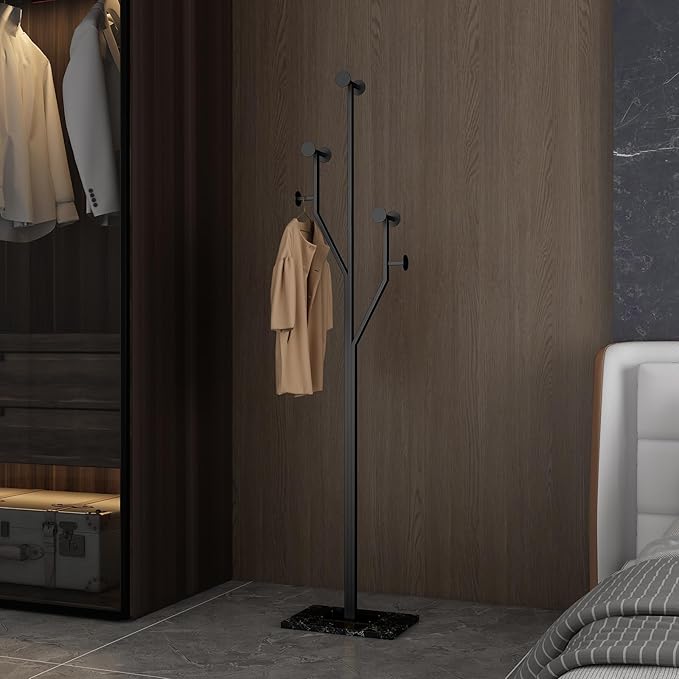 Freestanding Coat Rack Tree-shaped Metal Coat Tree with Heavy Duty Marble Base Corner Clothing Rack for Bedroom Entryway Hallway 14.96 x 10.24 x 68.9 Inches (Black)