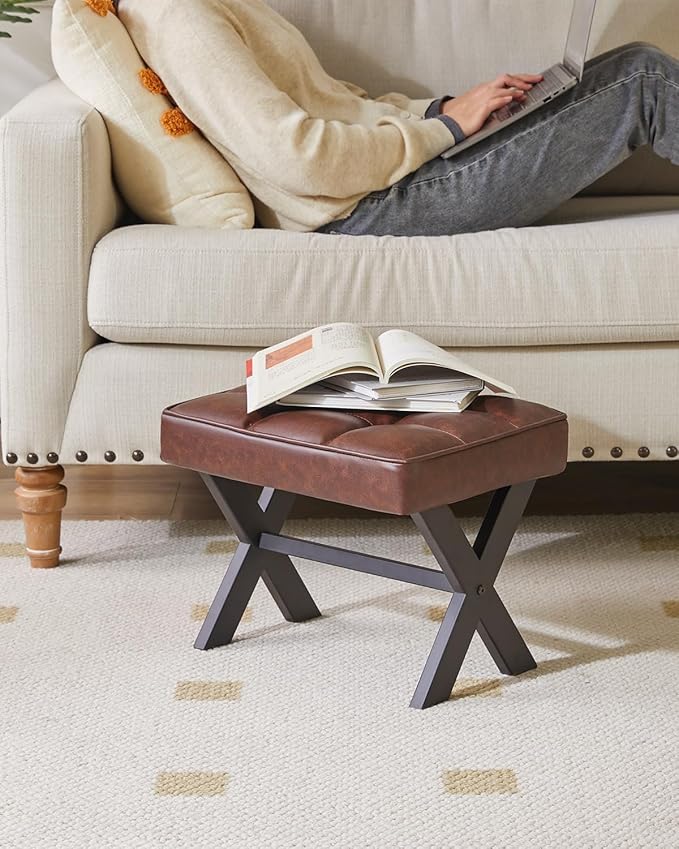 IBUYKE Small 12" H Footrest Stool, Square PU Foot Stool with Metal X-Leg, Multi-Use as Small Side Table, Step Stool for Living Room, Bedroom, Entryway, Office, Dark Brown WBD012Z