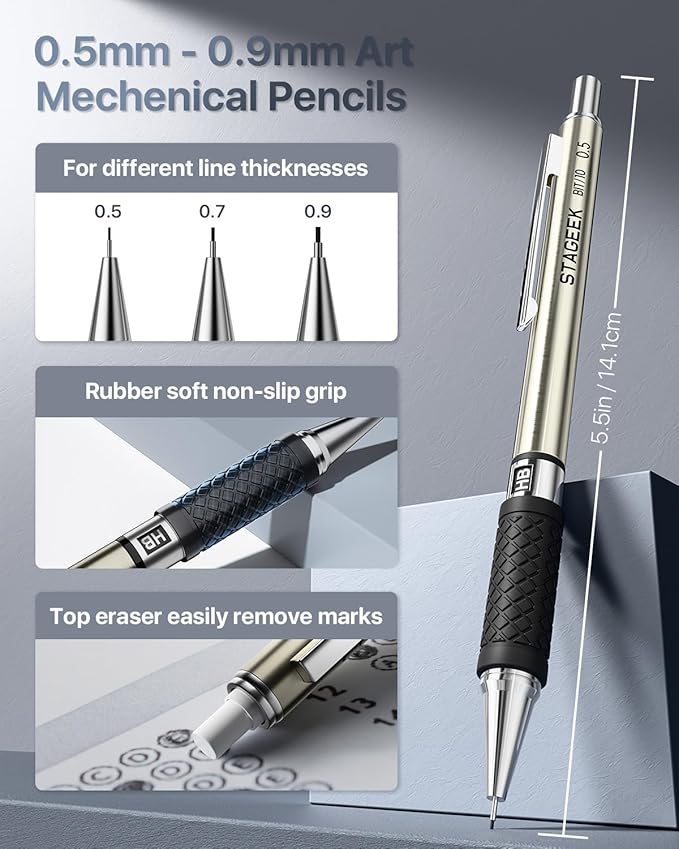 34PCS Art Mechanical Pencil Set, Drafting Pencil 0.5, 0.7, 0.9MM & 3PCS 2.0MM Mechanical Drawing Pencils with 384PCS Leads (6B 4B 2B HB 2H 4H Color) for Artist Sketching Drawing