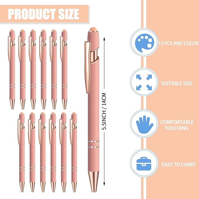 12 Pcs Blue Ink Ballpoint Pen with Stylus Tip, 1.0 mm Metal Pen Stylus Pen for Touch Screens, 2 in 1 Thank You Pen Gift for Friends, Colleagues, Coworker, Office, Family(Pink Rose Gold)