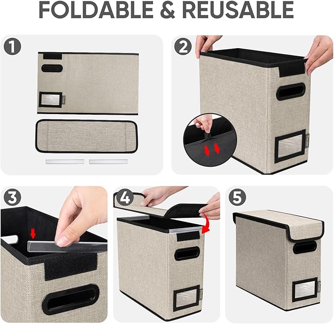 BALEINE File Organizer Box with Lid, Collapsible File Folder Organizer with Plastic Slide, Hanging File Folder Box for Office Document Storage (2 Pack, Beige, S)