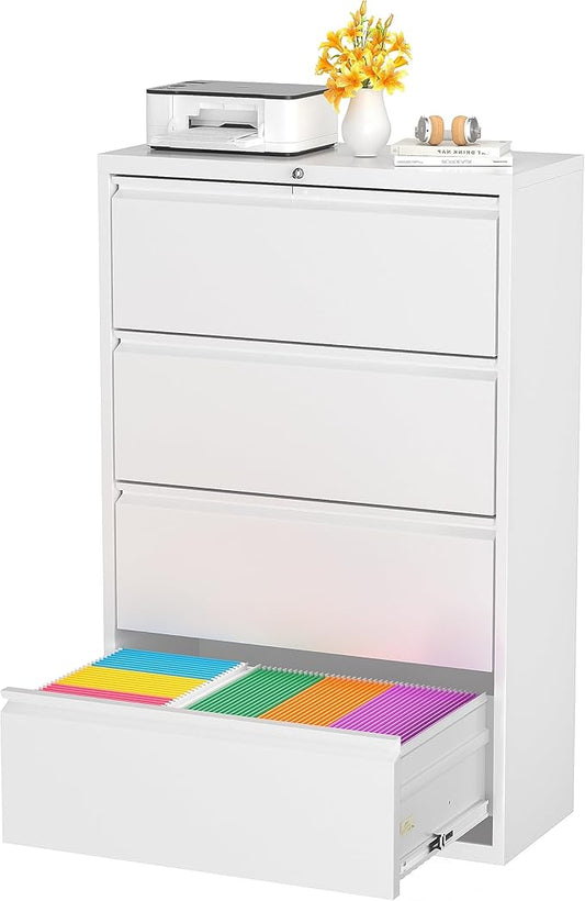 Superday Lateral File Cabinet 4 Drawer, Filing Cabinets with Lock, Large Deep Locking Metal File Cabinets Two Drawer Filing Cabinet for Home Office/Legal/Letter/A4/F4(White)