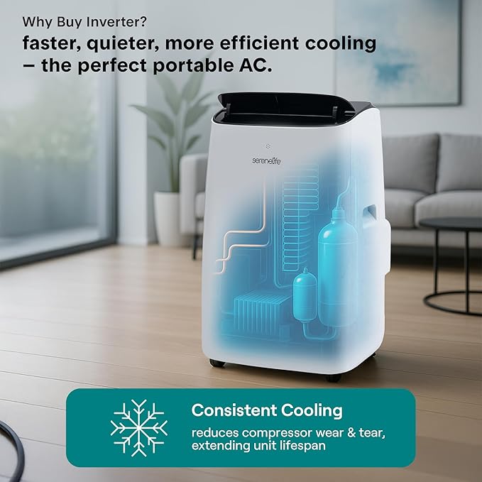 SereneLife 14000 BTU Portable Inverter Air Conditioner, 115V Smart Cooling & Heating with WiFi, Energy Efficient, For Bedrooms, Living Spaces & Offices, 650 Sq Ft Coverage, (White)